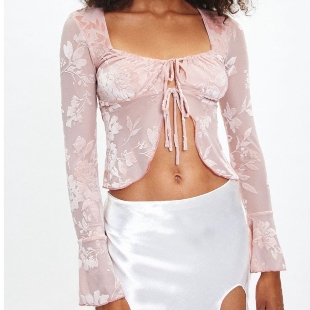 UO Kimchi Blue Stevie Burnout Velvet Flyaway Tie-Front Top